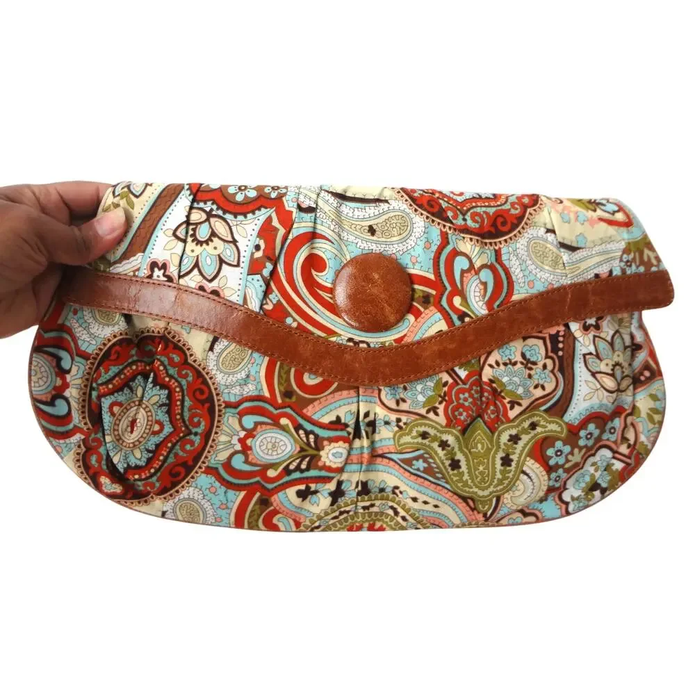 Vintage 90s Y2K Large Clutch Bag Paisley Flapover Leather Detail Wristlet Boho